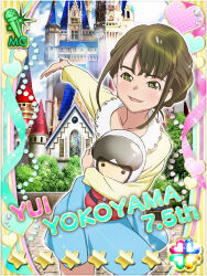 1girl :d akb0048 asymmetrical_bangs blue_sky bush card_(medium) castle character_name cowboy_shot day doll fanged_bangs green_eyes green_hair heart holding holding_doll long_sleeves looking_at_viewer miniskirt non-web_source official_art open_mouth outdoors outstretched_arm shirt short_hair skirt sky smile solo sparkle standing star_(symbol) yellow_shirt yokoyama_yui_(akb0048)