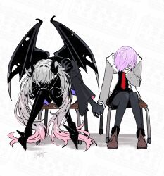 2girls black_cloak black_dress black_pantyhose black_thighhighs breasts chair cloak covering_face demon_girl demon_horns demon_wings dress fate/grand_order fate_(series) grey_hair grey_jacket highres holding_hands horns humiliation_for_two_male_high_school_students_as_they_are_forced_to_hold_hands_as_a_punishment_for_fighting_(meme) jacket kimidorix32 lilith_(fate) long_hair long_sleeves mash_kyrielight meme multiple_girls necktie open_clothes open_jacket pantyhose pointy_ears purple_hair short_hair sitting thighhighs twintails very_long_hair wings