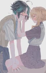 1boy 1girl 673_q adjusting_another&#039;s_eyewear ahoge arm_support black-framed_eyewear black_hair black_pants black_shirt black_skirt blonde_hair blue_jacket blue_necktie blush brown_sweater_vest closed_mouth clothes_around_waist collared_shirt curtained_hair face-to-face feet_out_of_frame fingernails from_side genshin_impact glasses green_hair grey_background hetero highres jacket jacket_around_waist leaning_forward lumine_(genshin_impact) miniskirt multicolored_hair necktie one_eye_closed pants pleated_skirt profile shirt short_hair short_hair_with_long_locks short_sleeves simple_background sitting skirt standing sweater_vest table twitter_username two-tone_hair white_shirt white_sweater_vest xiao_(genshin_impact) yellow_eyes