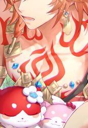 Rule 34 | 1boy, armlet, bare pectorals, bilingual commentary, black coat, blonde hair, braid, chest tattoo, chimera (honkai: star rail), chinese commentary, coat, commentary, commentary request, earrings, english commentary, gold earrings, gold necklace, gradient hair, highres, honkai: star rail, honkai (series), jewelry, kangetsu (fhalei), male focus, medium hair, mixed-language commentary, multicolored hair, mydei (honkai: star rail), necklace, open clothes, open coat, pectorals, red hair, red tattoo, side braid, solo, tattoo, tribbie (honey brew) (honkai: star rail), tribbie (honkai: star rail)