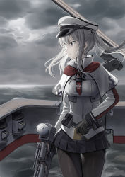 Rule 34 | 1girl, bad id, bad pixiv id, black gloves, black pantyhose, black skirt, blonde hair, capelet, cnm, female focus, flight deck, gloves, graf zeppelin (kancolle), hair between eyes, hat, highres, jacket, kantai collection, long hair, long sleeves, machinery, military hat, ocean, pantyhose, peaked cap, pleated skirt, purple eyes, serious, sidelocks, skirt, solo, twintails, white jacket