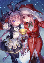 Rule 34 | 1boy, 1girl, animal ears, astolfo (fate), astolfo (saber) (fate), astolfo (saber) (third ascension) (fate), black bow, black bowtie, black gloves, black thighhighs, bow, bowtie, buttons, christmas, cup, dress, fake animal ears, fate/apocrypha, fate/grand order, fate (series), florence nightingale (fate), florence nightingale (santa) (fate), formal clothes, fur trim, gloves, hair bow, hat, holding, holding cup, holy grail (fate), long hair, multicolored hair, na222222, one eye closed, pantyhose, pink hair, pom pom (clothes), purple eyes, rabbit ears, red eyes, red suit, santa hat, sky, smile, snow, sparkle, star (sky), starry sky, streaked hair, suit, thighhighs, tongue, tongue out, trap, twintails, v, very long hair, white hair, wing collar