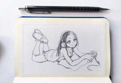 1girl anonymous_(4chan) child controller dress game_controller headphones jewelry lying monochrome necklace on_stomach pencil pillow shoes sketch smile socks traditional_media ultratesla