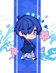 1boy ahoge brown_eyes brown_hair cherry_blossoms closed_mouth falling_petals flower full_body hair_over_one_eye hashtag-only_commentary highres japanese_clothes kimono looking_at_viewer male_focus official_alternate_costume persona persona_3 persona_3_reload petals pink_flower pink_petals rrrrrrrrrrrou1 short_hair solo yukata yuuki_makoto_(persona_3)