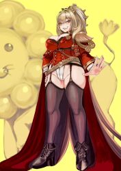 Rule 34 | 1girl, aiguillette, azur lane, black garter straps, black shoes, black thighhighs, bra, breasts, brown hair, cape, cleavage, epaulettes, garter straps, gleam-and-dark, high heels, lace, lace-trimmed bra, lace trim, large breasts, leotard, lion (azur lane), long sleeves, military uniform, mister donut, pon de lion, red cape, shoes, solo, thighhighs, underwear, yellow background, yellow eyes