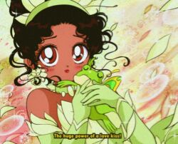1990s_(style) adapted_costume animal animification bad_id bad_twitter_id bare_shoulders bishoujo_senshi_sailor_moon black_hair bow bowtie brown_eyes bubble choker closed_mouth commentary dark-skinned_female dark_skin dress earrings elbow_gloves english_commentary english_text eyelashes faux_retro_artstyle floating_clothes floating_hair floral_background flower flower_earrings frog gloves green_bow green_bowtie green_choker green_dress green_flower green_gloves green_hairband hair_bun hair_flower hair_ornament hairband happy holding holding_animal holding_frog honeymoonpetal jewelry light_blush lipstick looking_at_viewer magical_girl makeup parody parted_bangs petals pleated_dress red_lips retro_artstyle short_hair single_hair_bun smile sparkle strapless strapless_dress style_parody tareme the_princess_and_the_frog tiana_(the_princess_and_the_frog) updo wavy_hair wind yellow_background