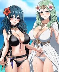2girls beach bikini black_bikini black_cape blue_eyes blue_hair blush breasts cape cleavage dagger female_byleth_(fire_emblem) female_byleth_(summer)_(fire_emblem) fire_emblem fire_emblem:_three_houses fire_emblem_heroes flower green_eyes green_hair hair_flower hair_ornament hibiscus huge_breasts knife large_breasts long_hair looking_at_viewer multiple_girls navel nintendo official_alternate_costume open_mouth red_flower rhea_(fire_emblem) rhea_(summer)_(fire_emblem) sheath sheathed sideboob skindentation smile swimsuit tara_(szzj7733) weapon white_bikini
