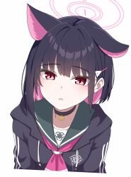 Rule 34 | 1girl, absurdres, animal ears, black choker, black hair, black hoodie, black jacket, blue archive, blush, breasts, cat choker, cat ears, choker, colored inner animal ears, colored inner hair, commentary request, cropped torso, extra ears, green sailor collar, hair ornament, hairclip, halo, highres, hood, hoodie, jacket, kazusa (blue archive), korean commentary, long sleeves, looking at viewer, multicolored hair, neckerchief, open mouth, pink hair, pink halo, pink neckerchief, red eyes, sailor collar, short hair, simple background, single ear down, solo, trinity general school logo, two-tone hair, vector (dmlddmld00), white background