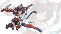 1girl absurdres animal_ear_fluff animal_ears bell black_bridal_gauntlets black_gloves black_hair black_shorts boots bridal_gauntlets cat_ears cat_tail dark_skin dual_wielding forehead_tattoo full_body gloves hairband highres holding knee_boots mechanical_tail multiple_tails neck_bell neet_(jdud2284) nekomiya_mana original red_boots red_eyes red_hairband shorts smile tail two_tails zenless_zone_zero