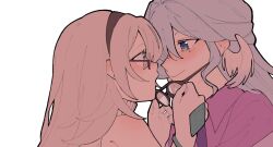 2girls aqua_eyes bare_shoulders black-framed_eyewear black_hairband blue_hair blush bracelet closed_mouth collared_jacket feathered_wings firefly_(honkai:_star_rail) firefly_(on_the_journey)_(honkai:_star_rail) glasses grey_hair hair_between_eyes hairband hands_up head_wings highres holding holding_removed_eyewear honkai:_star_rail honkai_(series) iri_miyu jacket jewel_under_eye jewelry long_hair looking_at_another multiple_girls official_alternate_costume open_clothes open_jacket purple_eyes purple_jacket purple_shirt robin_(honkai:_star_rail) robin_(on_the_journey)_(honkai:_star_rail) round_eyewear shirt simple_background sleeveless sleeveless_turtleneck smile turtleneck unworn_eyewear upper_body white_background wings yuri