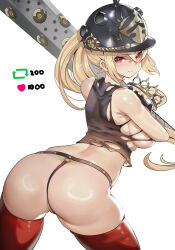 1girl absurdres armpit_crease ass ass_focus bare_shoulders baseball_bat black_gloves black_shirt blonde_hair blush breasts closed_mouth combat_helmet commentary crossed_bangs from_behind gloves hair_between_eyes hat helmet highres holding holding_baseball_bat huge_ass like_and_retweet long_hair looking_at_viewer looking_back luciana_de_montefio medium_breasts metal_baseball_bat midriff no_bra peaked_cap pickelhaube red_eyes red_thighhighs shirt side_ponytail simple_background skindentation sleeveless sleeveless_shirt solo teddypocky thick_thighs thighhighs thighs thong torn_clothes torn_shirt white_background zenless_zone_zero