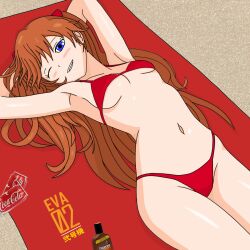 1girl armpits arms_behind_head beach bikini blue_eyes blush breasts can cleavage coca-cola curvy drink_can grin half-closed_eye highres legs long_hair looking_at_viewer lying navel neon_genesis_evangelion one_eye_closed orange_hair red_bikini sideboob small_breasts smile soda_can solo souryuu_asuka_langley swimsuit thighs thong_bikini towel twintails underboob wide_hips wink