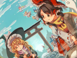 6+girls :d american_flag_dress american_flag_legwear animal_ears aura black_bow black_hair black_headwear black_jacket black_vest blonde_hair blue_bow blue_dress blue_hair blush_stickers bow bowl braid brown_eyes brown_hair chopsticks cirno cloud clownpiece commentary day detached_sleeves dress eating fairy_wings flying food frilled_bow frilled_hair_tubes frills green_hair hair_bow hair_tubes hakurei_reimu hat hat_bow highres holding holding_bowl holding_chopsticks holding_torch horns inaba_tewi jacket jester_cap kine kirisame_marisa komano_aunn long_hair long_sleeves looking_at_another looking_at_food luna_child mallet matsukuzu medium_hair mochi multiple_girls open_mouth parasol purple_hair purple_headwear purple_scarf purple_skirt rabbit_ears red_bow red_dress red_eyes red_shirt red_skirt red_vest reisen_udongein_inaba ribbon-trimmed_sleeves ribbon_trim scarf shirt short_hair shorts sidelocks single_braid single_horn skirt sky smile snow star_sapphire torch torii touhou triangle_mouth twintails umbrella vest waving white_bow white_dress white_headwear white_shorts white_sleeves wings witch_hat yellow_eyes yellow_scarf yorigami_shion