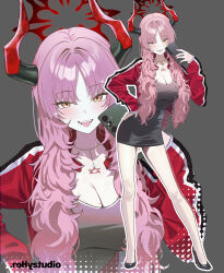 1girl :rehy_studio artist_name bare_legs blue_archive blush breasts cellphone cleavage commentary curly_hair demon_horns dress fangs fingernails full_body grey_dress halo hand_on_own_hip highres holding holding_phone horns jacket jewelry large_breasts long_hair looking_at_viewer mole mole_on_breast nail_polish necklace outline phone pink_hair red_jacket satsuki_(blue_archive) smile tongue tongue_out very_long_hair white_outline zoom_layer