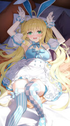 1girl absurdres ahoge animal_ears argyle armpits arms_up artoria_caster_(fate) artoria_caster_(swimsuit)_(fate) artoria_caster_(swimsuit)_(second_ascension)_(fate) artoria_caster_(swimsuit_berserker)_(fate) artoria_caster_(swimsuit_berserker)_(second_ascension)_(fate) artoria_pendragon_(fate) bare_shoulders blonde_hair blue_dress blue_thighhighs blush breasts dress fake_animal_ears fate/grand_order fate_(series) green_eyes hairband highres long_hair looking_at_viewer lying on_back open_mouth puffy_short_sleeves puffy_sleeves rabbit_ears shenqi_xiao_hong_zai_nali short_sleeves skirt small_breasts solo striped_clothes striped_thighhighs thighhighs thighs twintails vertical-striped_clothes vertical-striped_thighhighs white_skirt
