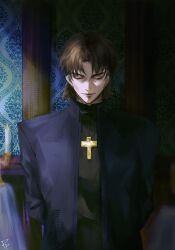 1boy blue_coat candle candlestand closed_eyes coat cross fate/stay_night fate_(series) highres kotomine_kirei light_smile male_focus pppeipeipipi priest short_hair solo