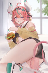 1girl absurdres ahoge animal_ears ass asymmetrical_legwear bandaid bandaid_on_finger bandaid_on_horn black_panties black_skirt breasts burger cow_ears cow_horns cow_tail ear_bell food genshin_impact green_hair highres holding holding_burger holding_food horns long_sleeves miniskirt momokochiiyo multicolored_hair panties pink_hair pleated_skirt purple_eyes skirt solo streaked_hair tail thighhighs thighs twitter_username underwear varesa_(genshin_impact) white_horns white_thighhighs
