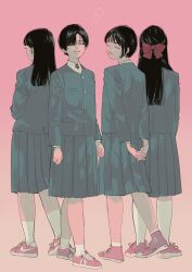 4girls arms_behind_back black_hair blazer blue_jacket blue_skirt bow closed_eyes closed_mouth collared_shirt commentary english_commentary facing_viewer from_behind full_body hair_bow heart jacket long_hair long_sleeves multiple_girls original own_hands_together pink_background pink_bow pink_shoes pleated_skirt school_uniform sen_46 shirt shoes short_hair simple_background skirt smile sneakers socks standing white_shirt white_socks