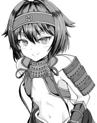 Rule 34 | 1girl, agharta, armor, breasts, closed mouth, commentary request, crest, family crest, greyscale, hair flaps, hairband, highres, hikimayu, japanese armor, kirimon (paulownia), light blush, looking at viewer, moeoh ex, monochrome, navel, nodowa (gorget), short eyebrows, short hair, shoulder armor, simple background, sling bikini top, small breasts, smile, sode, solo, split mouth, stomach, thick eyebrows, toyotomi hideyoshi (moeoh ex), upper body, vambraces, white background