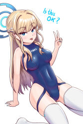 1girl absurdres blonde_hair blue_archive blue_eyes blue_halo blue_one-piece_swimsuit braid breasts commentary covered_navel english_commentary english_text half_up_braid halo highleg highleg_one-piece_swimsuit highres long_hair looking_at_viewer medium_breasts one-piece_swimsuit optoem simple_background sitting solo swimsuit thighhighs toki_(blue_archive) tongue tongue_out v wariza white_background white_thighhighs