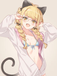 1girl :d adjusting_eyewear animal_ears bikini bikini_top_only black_ribbon blonde_hair blue_bikini braid breasts cat_ears cat_tail fang front-tie_bikini_top front-tie_top fujita_kotone gakuen_idolmaster grey_background grey_hoodie hair_ribbon highres hood hoodie idolmaster kawata_hisashi looking_at_viewer open_clothes open_hoodie open_mouth ribbon round_eyewear simple_background skin_fang small_breasts smile solo swimsuit tail twin_braids yellow_eyes
