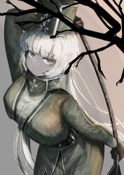 1girl absurdres black_gloves blunt_bangs breasts charon_(project_moon) coat colored_skin commentary dress english_commentary faded_brush gloves grey_background grey_coat grey_dress grey_eyes grey_hat grey_skin hat highres holding holding_oar korean_commentary large_breasts leaning_forward limbus_company long_hair long_sleeves looking_at_viewer low_twintails mixed-language_commentary oar project_moon shako_cap simple_background solo twintails very_long_hair white_hair