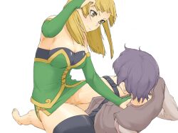 1boy 1girl adjusting_hair barefoot belt black_belt black_boots black_tube_top blonde_hair bmp-to-png_conversion boots breasts brown_eyes brown_tunic censored claudia_(mon-musu_quest!) cleavage femdom game_cg girl_on_top green_bridal_gauntlets green_tunic hand_on_another&#039;s_chest hetero ishinoyari large_breasts light_blush light_smile long_hair looking_at_another luka_(mon-musu_quest!) mon-musu_quest! mosaic_censoring non-web_source purple_hair rape sex shirt short_hair sideboob simple_background straddling strapless thigh_boots transparent_background tube_top tunic v-shaped_eyebrows vaginal white_shirt