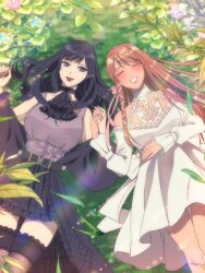 ^_^ ascot bare_shoulders black_ascot black_hair black_skirt blue_eyes closed_eyes colored_eyelashes dress final_fantasy final_fantasy_xiv fishnet_thighhighs fishnets gaia_(ff14) grin highres holding_hands interlocked_fingers long_hair looking_at_another lying mok_za on_back on_grass orange_hair ryne_waters skirt smile thighhighs white_dress