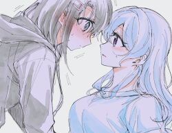 2girls bang_dream! black_hair blue_eyes blue_hair blue_shirt blush closed_mouth eye_contact from_side grey_hoodie hair_ornament hairclip hood hoodie long_hair looking_at_another matsubara_kanon multiple_girls okusawa_misaki opi parted_lips profile purple_eyes shirt simple_background sweat white_background yuri