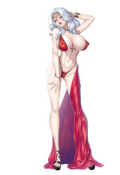 1girl 2024 arm_behind_head arm_up aroused bikini black_shoes blue_sky blush breasts cara_cromwell cara_the_blood_lord cleavage covered_erect_nipples curly_hair high_heels highleg highleg_bikini huge_breasts jewelry kagami_hirotaka large_breasts long_hair micro_bikini naughty_face navel necklace nipples official_art platform_footwear platform_heels platform_shoes puffy_nipples red_bikini red_eyes red_sarong sarong shoes sky solo standing summer swimsuit taimanin_(series) taimanin_rpgx thong thong_bikini tongue tongue_out vampire wet wet_bikini white_background white_hair