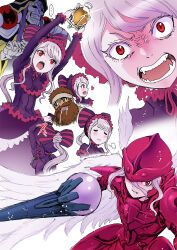 1girl 2boys ainz_ooal_gown armor black_dress black_robe blush dress fangs full_armor gothic_lolita highres holding holding_weapon lich lolita_fashion multiple_boys overlord_(maruyama) ponytail robe rurukichi shalltear_bloodfallen skull vampire weapon white_hair