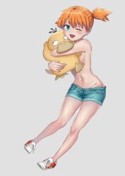1girl absurdres bare_arms blush creatures_(company) denim denim_shorts eyelashes game_freak gen_1_pokemon green_eyes green_shorts hair_between_eyes hair_tie highres hug kotta misty_(pokemon) navel nintendo one_eye_closed orange_hair pokemon pokemon_(anime) pokemon_(classic_anime) psyduck short_hair shorts smile wink