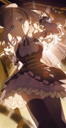 Rule 34 | 1girl, absurdres, backlighting, bare shoulders, belt, belt pouch, blue eyes, bow, breasts, ceras yanagida lilienfeld, clock, closed mouth, commentary request, earrings, frilled skirt, frills, from below, hand up, hat, highres, jewelry, link! like! love live!, long sleeves, looking at viewer, love live!, medium breasts, official alternate costume, pouch, retrofuture (love live!), skirt, solo, sunkeun, thighhighs, zettai ryouiki