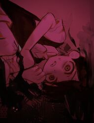1boy black_hair black_sweater_vest clenched_teeth collared_shirt highres male_focus omori p0tatotat parted_lips red_eyes scared shirt short_hair short_sleeves shorts solo sunny_(omori) sweater_vest teeth upside-down white_shirt