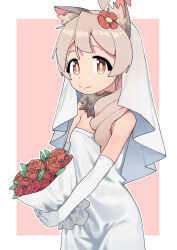 Rule 34 | 1girl, absurdres, ahoge, animal ear fluff, animal ears, araimelon, bare shoulders, border, bouquet, breasts, bridal veil, bride, brown eyes, dress, elbow gloves, flower, fur collar, gloves, hair flower, hair ornament, hair over shoulder, highres, holding, holding bouquet, long hair, looking at viewer, onii-chan wa oshimai!, outline, outside border, oyama mahiro, pink background, pink hair, small breasts, smile, solo, strapless, strapless dress, veil, wedding dress, white border, white dress, white gloves, white outline