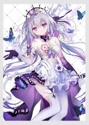 Rule 34 | 1girl, asymmetrical gloves, bare shoulders, black tiara, blush, border, breasts, bug, butterfly, butterfly earrings, castorice (honkai: star rail), closed mouth, dress, earrings, elbow gloves, feet out of frame, flower, flower ornament, gloves, grey border, hair flower, hair ornament, honkai: star rail, honkai (series), insect, jewelry, long hair, looking at viewer, medium breasts, pointy ears, purple butterfly, purple eyes, purple flower, purple gloves, purple hair, shirogane hina, single elbow glove, solo, thighhighs, tiara, uneven gloves, very long hair, white dress, white thighhighs