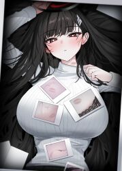 1girl absurdres bite_mark bite_mark_on_neck black_hair blue_archive blush border breasts bright_pupils collar_tug hair_spread_out halo highres huge_breasts lipstick_mark lipstick_mark_on_breast long_hair long_sleeves looking_at_viewer lying navel on_back parted_lips photo_(object) red_eyes ribbed_sweater ringed_eyes rio_(blue_archive) solo sweat sweater upper_body very_long_hair white_border white_pupils white_sweater yuki_(asayuki101)