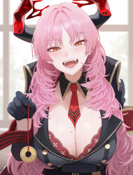 Rule 34 | 1girl, absurdres, black dress, blue archive, blush, bra, breasts, cleavage, commentary, dress, fangs, halo, highres, holding, holding pendulum, horns, huge breasts, junmin, long hair, looking at viewer, mole, mole on breast, motion blur, necktie, open mouth, orange eyes, pendulum, pink hair, red bra, red halo, red horns, red necktie, red wrist cuffs, satsuki (blue archive), smile, solo, teeth, underwear, wrist cuffs