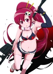 1girl absurdres aino_megumi armpits asymmetrical_bangs asymmetrical_gloves bikini bikini_top_only black_bikini black_gloves black_shorts breasts cleavage cosplay elbow_gloves female_focus fingerless_gloves floating_hair from_above gloves groin gun hair_ornament happinesscharge_precure! highres holding holding_gun holding_weapon leg_up long_hair looking_at_viewer medium_breasts micro_shorts navel nita_(onakatohoppe) open_mouth pink_thighhighs precure print_bikini print_bikini_top red_eyes red_hair rifle scarf shadow shiny_clothes shiny_legwear shorts sideboob skull_hair_ornament solo standing stomach swimsuit tengen_toppa_gurren_lagann thighhighs uneven_gloves very_long_hair weapon white_background yoko_littner yoko_littner_(cosplay)