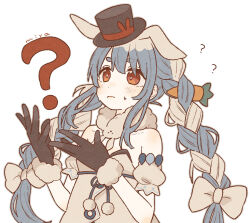 1girl ? animal_ears artist_name black_gloves blue_hair braid carrot carrot_hair_ornament cosplay don-chan_(usada_pekora) food-themed_hair_ornament fur-trimmed_gloves fur_scarf fur_trim gloves hair_ornament hands_up hat hershel_layton hershel_layton_(cosplay) highres hololive long_hair multicolored_hair professor_layton rabbit-shaped_pupils rabbit_ears rabbit_girl red_eyes red_trim short_eyebrows simple_background solo symbol-shaped_pupils thick_eyebrows thinking top_hat traum38 twin_braids twintails two-tone_hair upper_body usada_pekora usada_pekora_(1st_costume) virtual_youtuber white_background white_hair