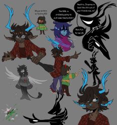... 1boy 1girl 1other absurdres androgynous animal_ears animal_nose antlers armor baseball_bat black_armor blue_eyes blue_horns blue_pants blue_skin brown_fur brown_hair colored_skin commentary december_holiday deer_antlers deer_ears deer_girl deltarune design_speculation english_commentary english_text evil_smile expressionless fake_horns feathered_wings furry furry_female green_sweater hair_between_eyes heart highres holding holding_baseball_bat horns jacket kris_(dark_world)_(deltarune) kris_(deltarune) medium_hair messy_hair moonpaw17 multiple_views no_eyes pants pointing ralsei red_jacket red_scarf roaring_knight scarf short_hair simple_background smile soul_(deltarune) speech_bubble spoilers spotted_fur sweater wings