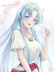 1girl ancient_ys_vanished blue_eyes blue_hair colored_eyelashes commentary_request curtained_hair dated dress feena_(ys) floral_background gold_necklace highres jewelry long_hair looking_at_viewer necklace open_mouth playing_with_own_hair red_sash ruisa sash smile solo standing very_long_hair white_background white_dress ys