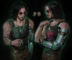 Rule 34 | 1boy, absurdres, beard, belt, black hair, black tank top, bracelet, character request, chibi, chibi inset, cigarette, clenched hand, cyberpunk (series), cyberpunk 2077, cyborg, facial hair, hand on own arm, hashtag-only commentary, highres, jewelry, johnny silverhand, male focus, medium hair, messy hair, multiple rings, multiple views, necklace, plazmch, prosthesis, prosthetic arm, ring, smirk, sunglasses, tank top, toned, toned male