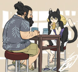 1boy 1girl beard black_fur body_fur cat_girl collared_shirt contemporary dungeon_meshi dwarf facial_hair fake_horns helmet high_ponytail highres horned_helmet horns izutsumi kobayashi_gen long_beard mismatched_animal_ear_colors mustache official_alternate_costume official_style ponytail senshi_(dungeon_meshi) shirt shorts sitting sparse_arm_hair table thick_mustache