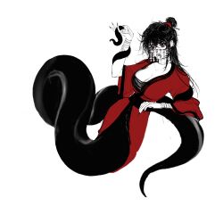 1girl absurdres bags_under_eyes bandaged_arm bandages black_hair black_nails breasts chinese_clothes chinese_commentary cleavage coin_mask collarbone creature dao_gui_yi_xian fingernails genderswap genderswap_(mtf) hair_bun hair_ornament hair_stick half_updo hand_up hanfu highres holding holding_creature holding_tentacle lamia large_breasts li_huowang li_sui_(tentacles) long_hair looking_at_viewer mask messy_hair monochrome monster_girl monsterification mouth_veil nail_polish open_mouth red_eyes red_robe red_scrunchie robe scrunchie sharp_fingernails simple_background single_hair_bun snake solo spot_color string tentacles veil white_background yansi111