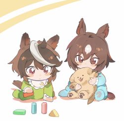 2girls absurdres aged_down all_fours animal_ears baby bib blush_stickers bojue_(hakus_1128) brown_hair highres holding holding_stuffed_toy horse_ears horse_girl horse_tail multicolored_hair multiple_girls onesie pink_eyes red_eyes short_hair sirius_symboli_(umamusume) sitting streaked_hair stuffed_animal stuffed_dog stuffed_toy symboli_rudolf_(umamusume) tail toy_block umamusume