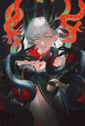 1girl apple artist_name bare_shoulders bitten_apple black_background black_blindfold black_collar black_fur black_horns black_nails black_robe black_scales black_skin black_snake blindfold bracelet breasts cleavage collar colored_skin demon_girl demon_horns detached_collar ear_piercing earrings evil_grin evil_smile fangs fate/grand_order fate_(series) fingernails food food_bite forked_tongue fruit fur-trimmed_robe fur_trim gold_bracelet gold_scales gold_snake gradient_scales gradient_skin green_eyes green_scales green_snake grey_hair grin hair_around_horn hands_up highres holding holding_food holding_fruit horns huge_horns jewelry lace-trimmed_robe light_rays lilith_(fate) lilith_(third_ascension)_(fate) long_fingernails long_hair long_horns long_sleeves mature_female multiple_piercings nail_polish navel neck_collar open_clothes open_mouth open_robe pale_skin piercing pink_lips pink_tattoo pointy_ears pubic_tattoo puffy_long_sleeves puffy_sleeves red_scales red_snake robe see-through_clothes see-through_robe see-through_sleeves sharp_fingernails shei99 skeletal_bracelet skeletal_hand smile snake snake_wrapped_around_arm snake_wrapped_around_neck solo spiked_ear_piercing stomach stomach_tattoo swept_bangs tattoo tattoo_between_breasts tongue two-tone_scales upper_body very_long_hair very_long_robe