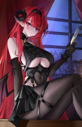 1girl absurdres azur_lane bare_shoulders black_gloves black_hairband black_pantyhose blush breasts chinese_commentary commentary_request covered_navel crossed_legs elbow_gloves gloves hai_binggan hairband highres hindenburg_(azur_lane) holding holding_vial horns indoors large_breasts long_hair looking_at_viewer low_wings mole mole_under_eye pantyhose parted_lips pointy_ears purple_eyes red_hair sitting solo thighs underboob vial window wings