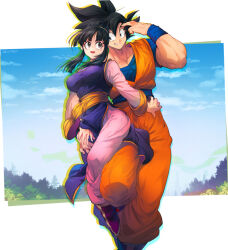 Rule 34 | 1boy, 1girl, :d, artist name, biceps, black eyes, black hair, blue sash, blue shirt, blue sky, blunt bangs, breasts, chi-chi (dragon ball), cloud, collarbone, day, dougi, dragon ball, dress, eyelashes, floating hair, hair bun, hand up, husband and wife, large breasts, long hair, looking at another, muscular, muscular male, ommmyoh, open mouth, orange pants, pants, parted lips, pelvic curtain, purple dress, sash, shirt, short sleeves, sidelocks, sideways glance, signature, single hair bun, sky, sleeveless, sleeveless dress, smile, smirk, son goku, spiked hair, teeth, tree, twitter username, v-shaped eyebrows, white background, wristband, yellow sash