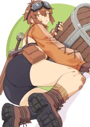 Rule 34 | 1girl, absurdres, ass, bandaid, bandaid on cheek, bandaid on face, bandaid on knee, bandaid on leg, belt pouch, bike shorts, black shorts, blush, boots, brown boots, brown eyes, brown gloves, brown hair, brown jacket, commentary request, crop top, cropped jacket, earrings, fingerless gloves, fukana miyu (kokuya28), full body, gloves, goggles, goggles on head, green background, highres, jacket, jewelry, kokuya (kokuya28), looking at viewer, looking back, open mouth, original, pouch, scabbard, sheath, sheathed, short hair, shorts, shrug (clothing), solo, sword, tomboy, treasure chest, weapon, white background